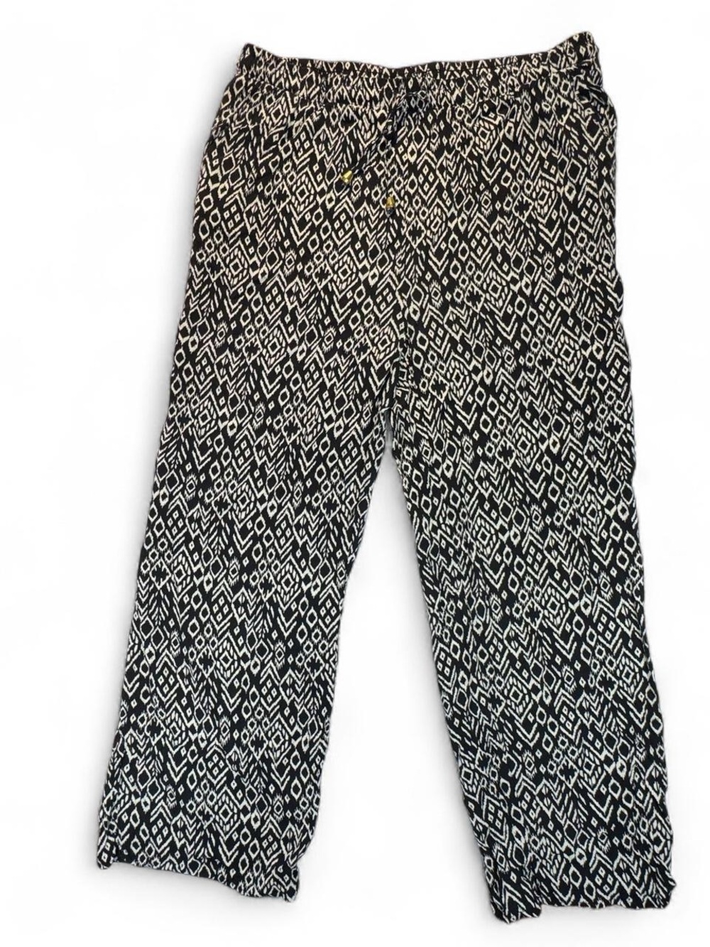 Black White Geometric Rayon Wide Leg Pants Women L Boho Indie Eclectic Festival